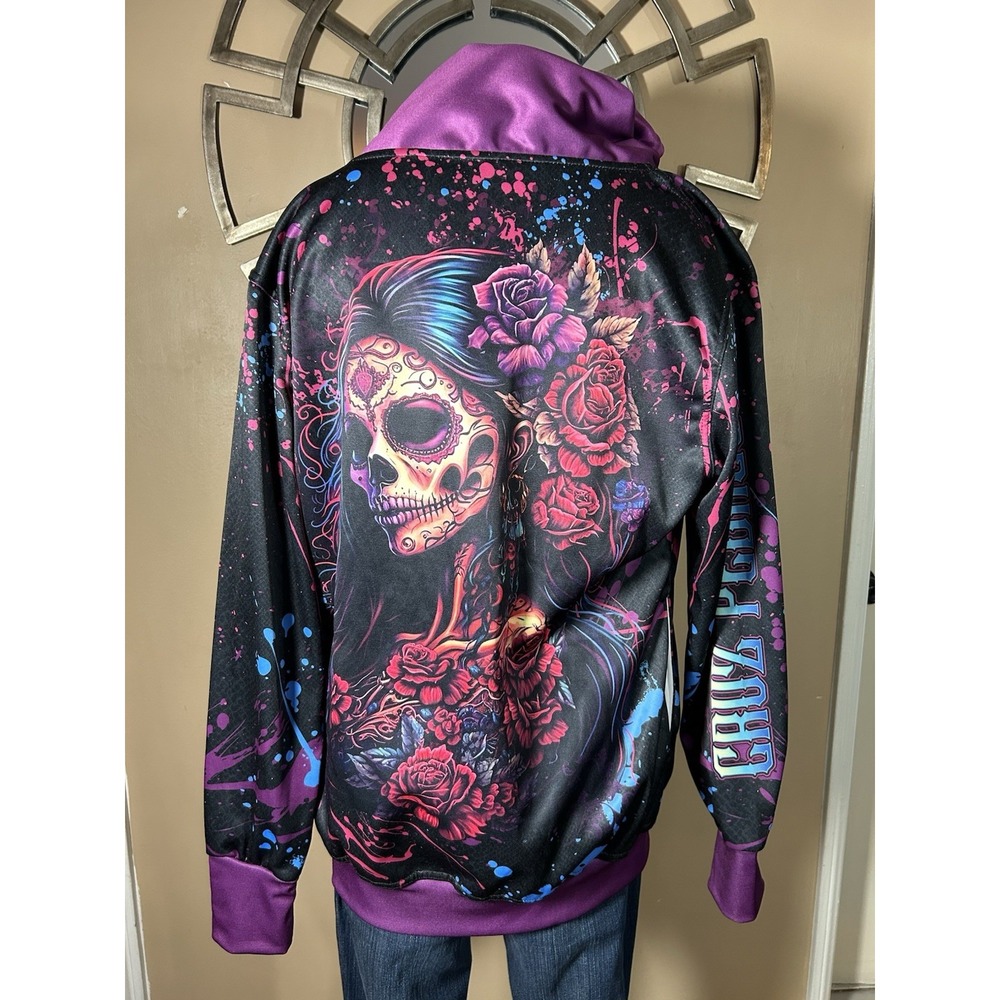 Cruz Pedregon‎ Womens XL Sugar Skull Psycho Speed Racing Jacket Zip Up Splatter